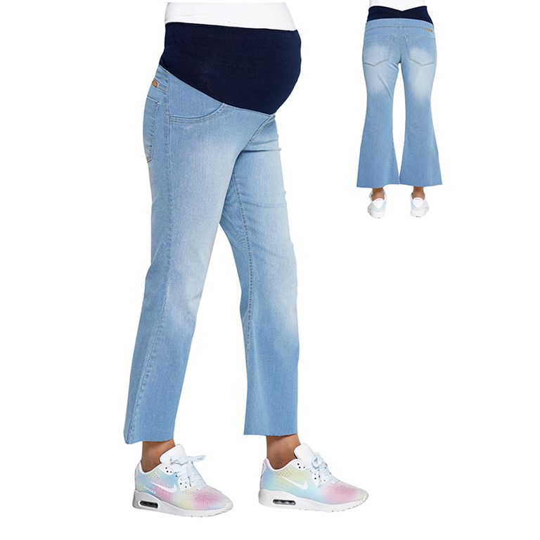 PANTALON DE JEAN OXFORD CORTO CELESTE CON FAJA ALTA PARA EMBARAZADAS QUE SERA