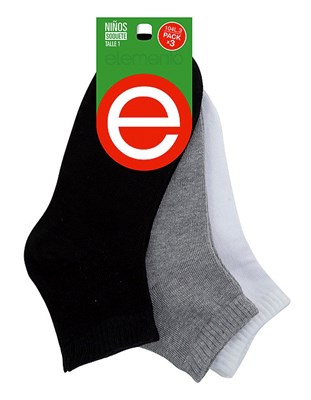 A104 PACK que contiene 3 MEDIAS SOQUETES LISOS: 1 NEGRO, 1 GRIS Y 1 BLANCO. ELEMENTO