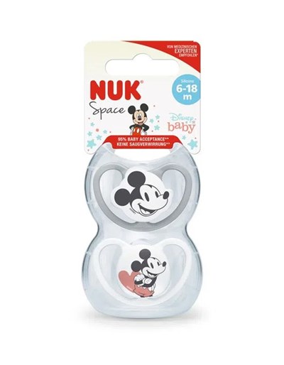 SET X2  CHUPETES LINEA SPACE T2 ESTAMPADOS MICKEY MOUSE BLANCO Y GRIS 6-18M DISNEY