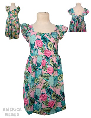 VESTIDO PARA NENA EN VISCOZA CON VOLADOS ESTAMPADO FRUTAS PONINOS