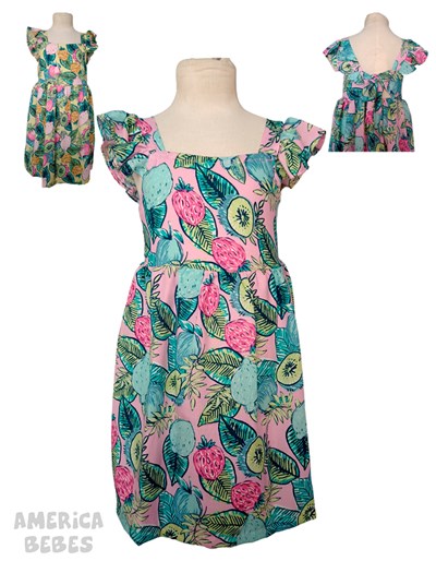 VESTIDO PARA NENA EN VISCOZA CON VOLADOS ESTAMPADO FRUTAS PONINOS
