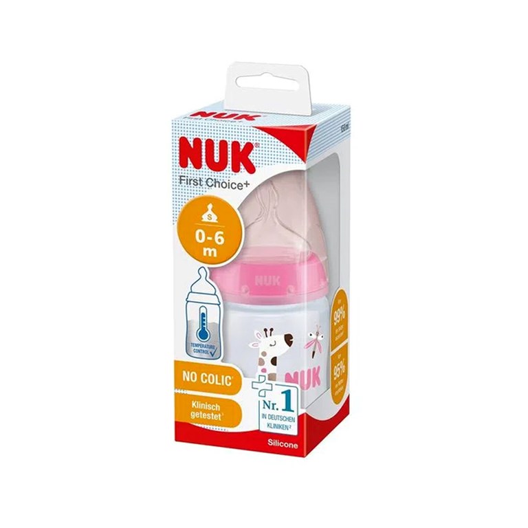 MAMADERA 0/6 MESES  150 ML CON CONTROL DE TEMPERATURA Y ESTAMPADA JIRAFAS NUK