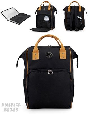 A370 MOCHILA MATERNAL MODELO INTI NEGRA CON DETALLES EN SUELA INTERIOR IMPERMEABLE, BOLSILLOS PORTA MAMADERAS CAMBIADOR IMPERMEABLE DE 50X30 CM LAS FLORITAS