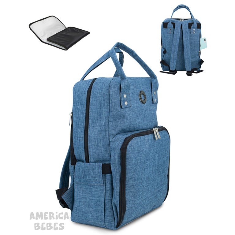 MOCHILA MATERNAL EVA AZUL MELANGE IMPERMEABLE MEDIDAS: 40 CM ALTO X 27 CM ANCHO X 14 CM BASE CON CAMBIADOR DE 50 X 30 CM LAS FLORITAS