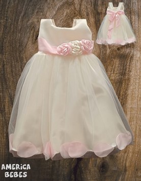 A1111 NATURAL Y ROSA BEBA VESTIDO BAUTISMO SIN MANGAS EN RASO ITALIANO FALDA DE TUL CON PETALOS Y DETALLE EN CINTURA DE LAZO CON 3 FLORES