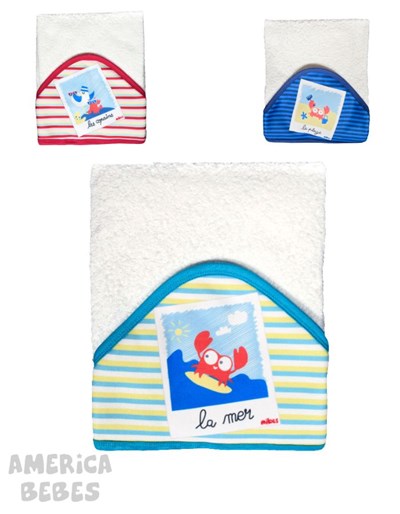 TOALLON PARA BEBES CON CAPUCHA ESTAMPADO LA PLAYA. 60 X 73CM. MIBES