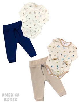 SET AJUAR 2 PIEZAS ALGODON Y PLUSH PARA BEBE VARON CONTIENE BODY MANGA LARGA Y PANTALON ESTAMPADO ESPACIAL PICOLO